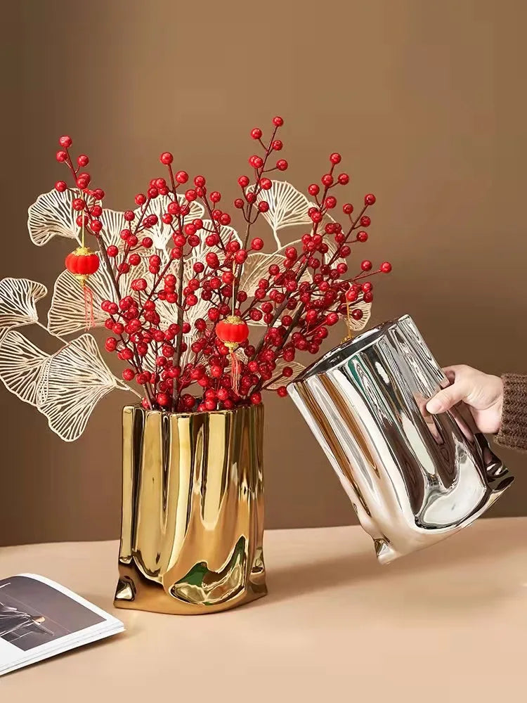 HomeFyZy SilverBloom Ceramic Vase™ - Silver Ruffled Flower Vase Ceramic Vase, Flower Arrangement Decoration