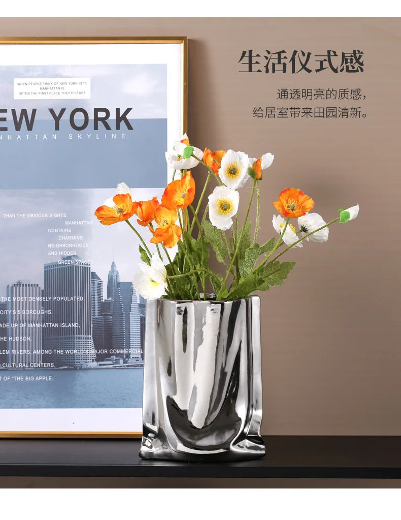 HomeFyZy SilverBloom Ceramic Vase™ - Silver Ruffled Flower Vase Ceramic Vase, Flower Arrangement Decoration
