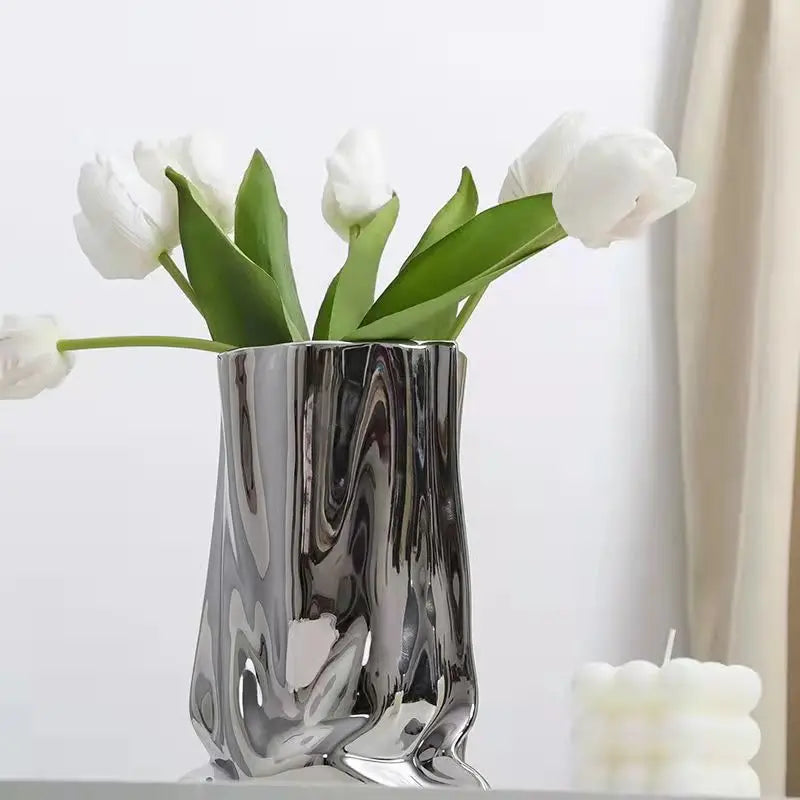 HomeFyZy SilverBloom Ceramic Vase™ - Silver Ruffled Flower Vase Ceramic Vase, Flower Arrangement Decoration