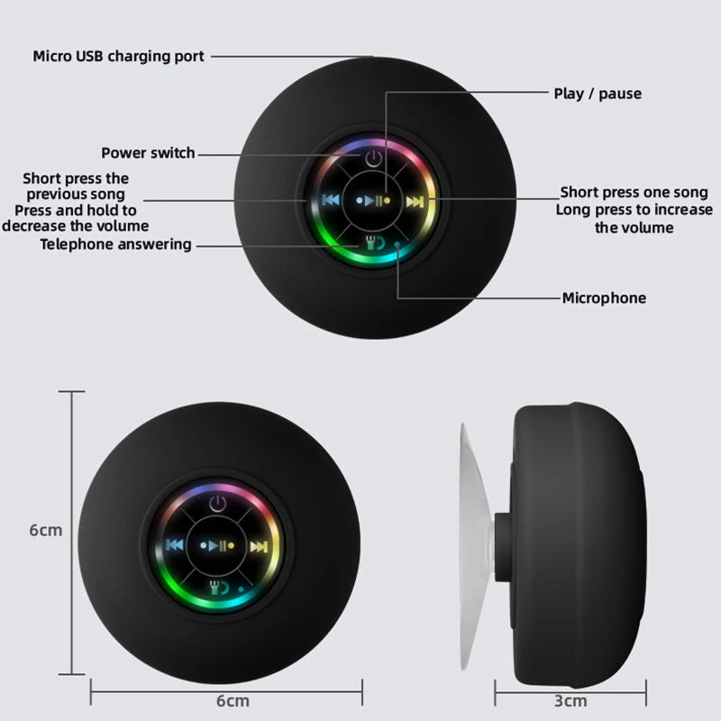 HomeFyZy AquaBeat Shower Speaker™- Mini Bluetooth Speaker RGB Light with Suction Cup Mic