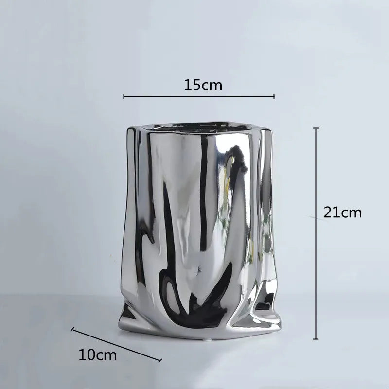 HomeFyZy SilverBloom Ceramic Vase™ - Silver Ruffled Flower Vase Ceramic Vase, Flower Arrangement Decoration