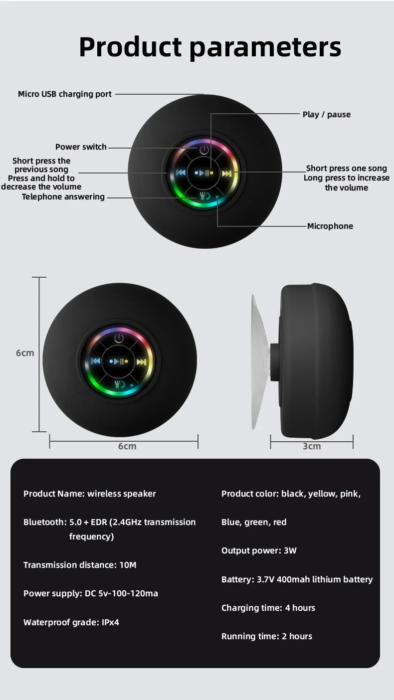 HomeFyZy GlowWave Bluetooth Speaker™ - Portable Waterproof Bluetooth Shower Speaker with Suction Cup and LED Lights 3D