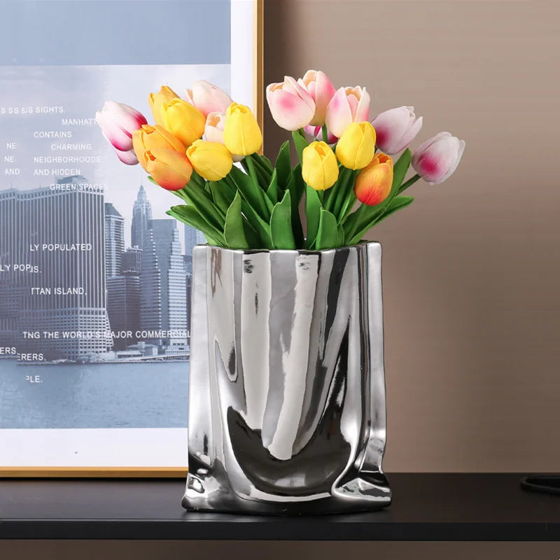 HomeFyZy SilverBloom Ceramic Vase™ - Silver Ruffled Flower Vase Ceramic Vase, Flower Arrangement Decoration