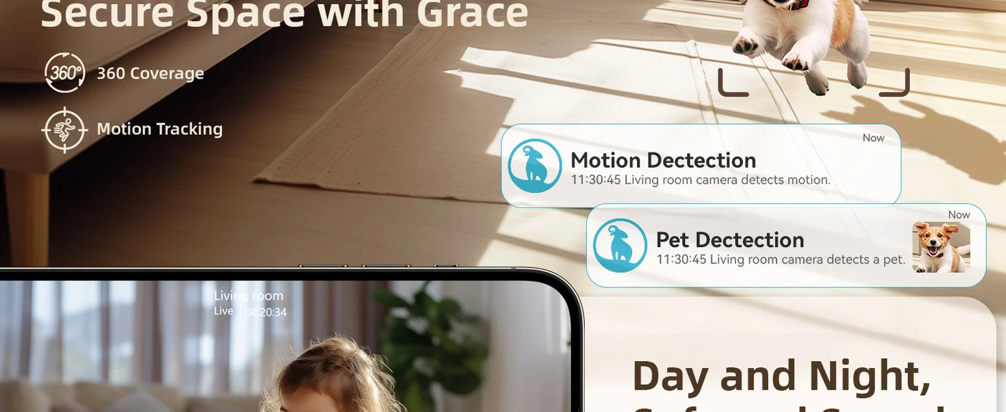 HomeFyZy 360View™ 2.4&5G WiFi Indoor Camera, 2K, 360° PTZ Pet Dog IP CCTV Camera with Phone App, 2-Way Talk, Night Vision