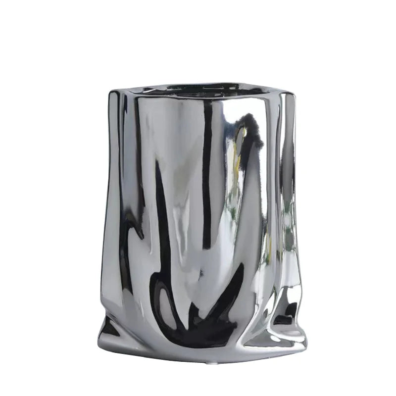 HomeFyZy SilverBloom Ceramic Vase™ - Silver Ruffled Flower Vase Ceramic Vase, Flower Arrangement Decoration