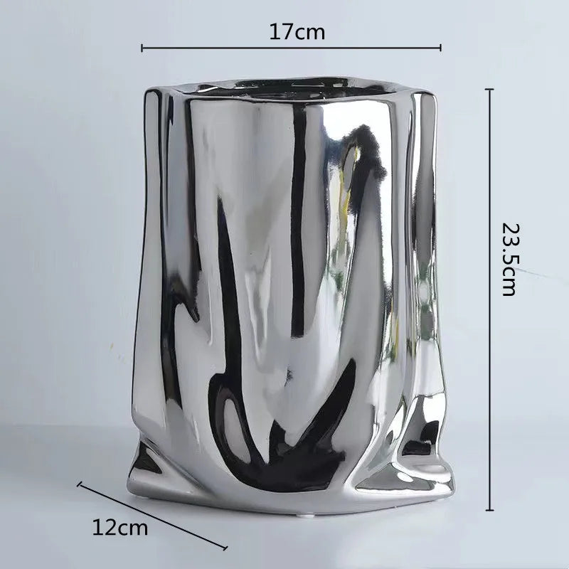 HomeFyZy SilverBloom Ceramic Vase™ - Silver Ruffled Flower Vase Ceramic Vase, Flower Arrangement Decoration