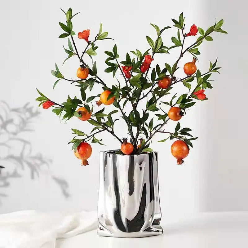 HomeFyZy SilverBloom Ceramic Vase™ - Silver Ruffled Flower Vase Ceramic Vase, Flower Arrangement Decoration