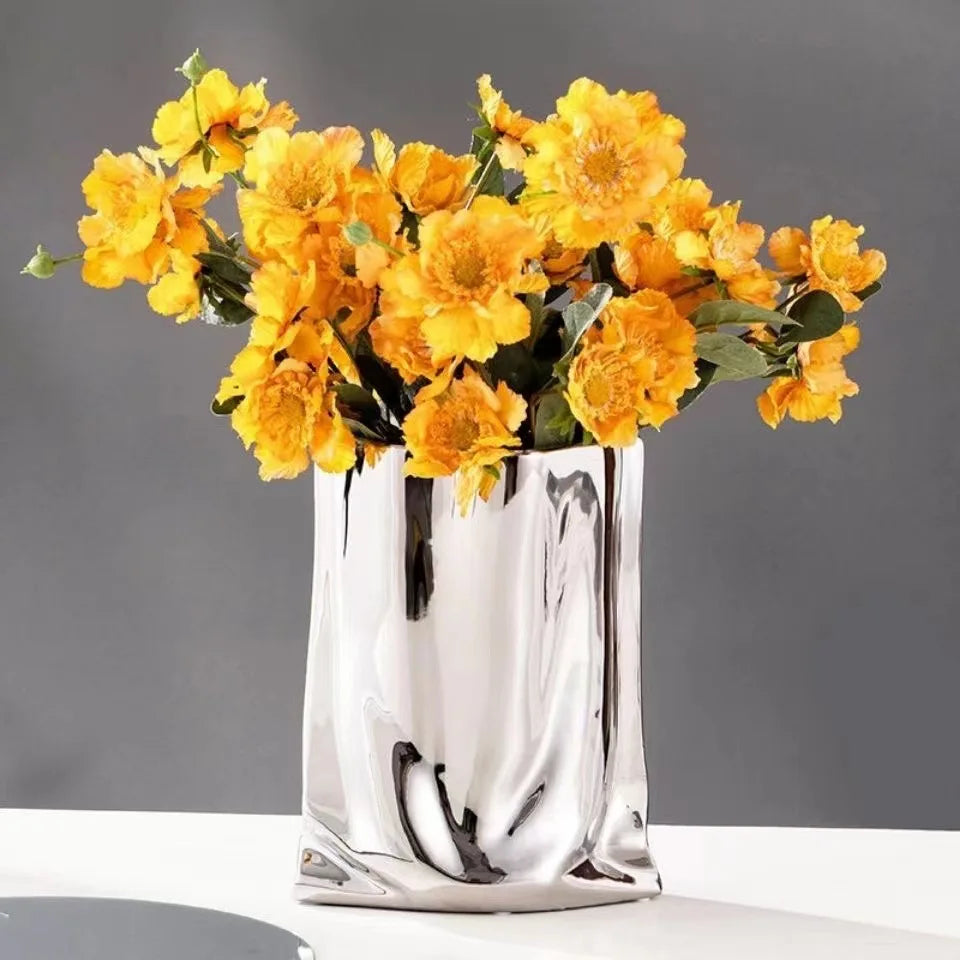HomeFyZy SilverBloom Ceramic Vase™ - Silver Ruffled Flower Vase Ceramic Vase, Flower Arrangement Decoration