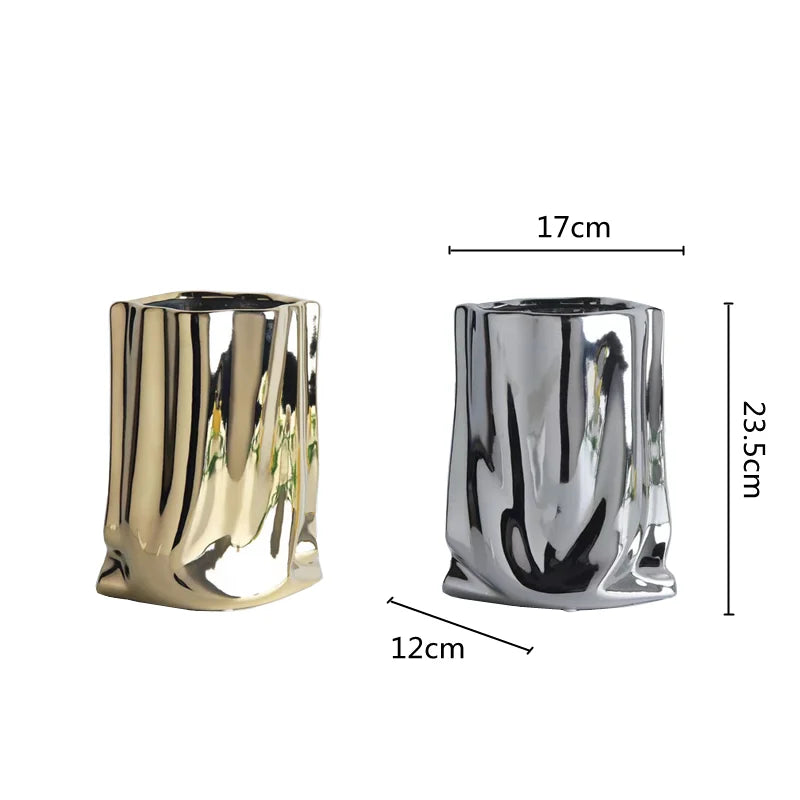 HomeFyZy SilverBloom Ceramic Vase™ - Silver Ruffled Flower Vase Ceramic Vase, Flower Arrangement Decoration