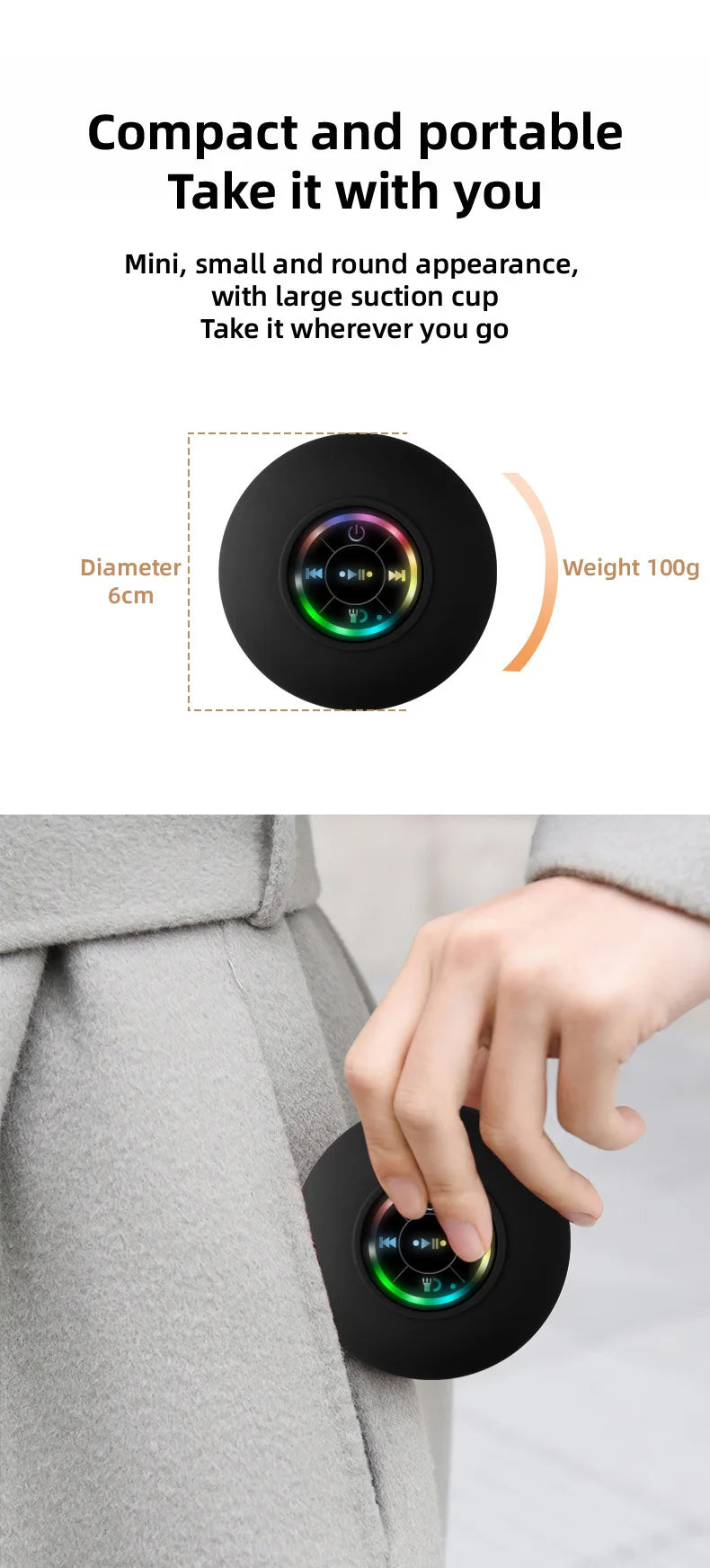 HomeFyZy AquaBeat Shower Speaker™- Mini Bluetooth Speaker RGB Light with Suction Cup Mic