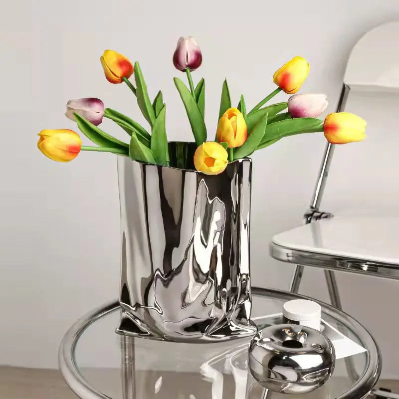 HomeFyZy SilverBloom Ceramic Vase™ - Silver Ruffled Flower Vase Ceramic Vase, Flower Arrangement Decoration