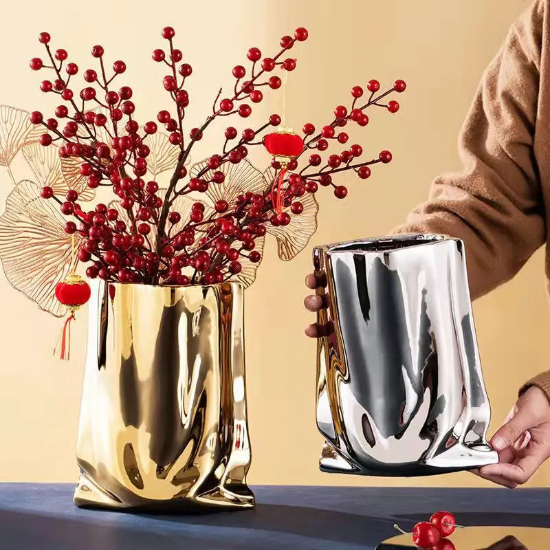 HomeFyZy SilverBloom Ceramic Vase™ - Silver Ruffled Flower Vase Ceramic Vase, Flower Arrangement Decoration