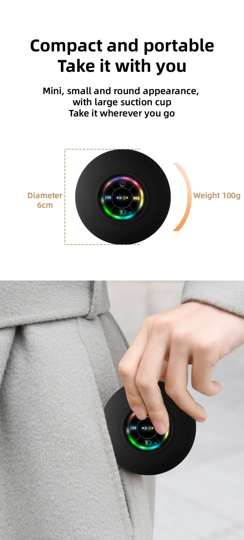 HomeFyZy GlowWave Bluetooth Speaker™ - Portable Waterproof Bluetooth Shower Speaker with Suction Cup and LED Lights 3D