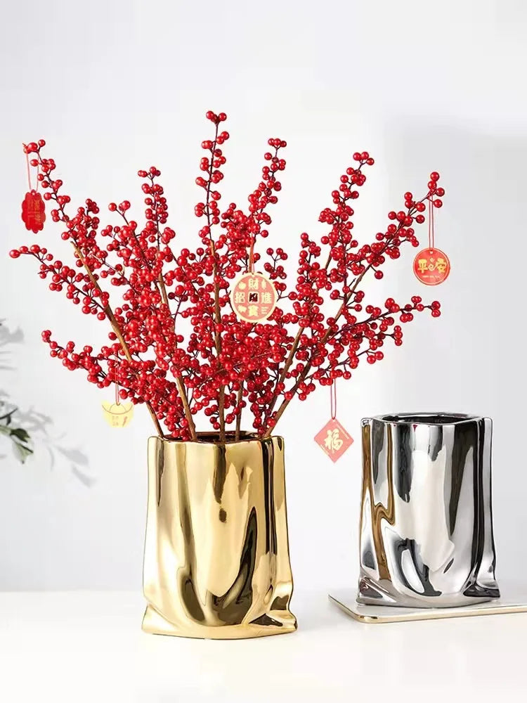 HomeFyZy SilverBloom Ceramic Vase™ - Silver Ruffled Flower Vase Ceramic Vase, Flower Arrangement Decoration