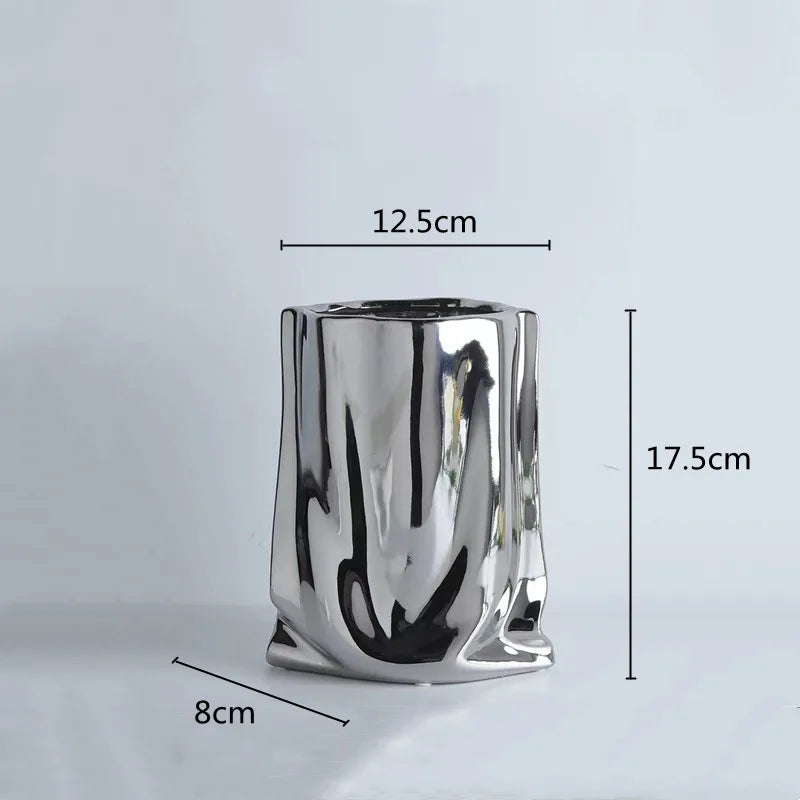 HomeFyZy SilverBloom Ceramic Vase™ - Silver Ruffled Flower Vase Ceramic Vase, Flower Arrangement Decoration