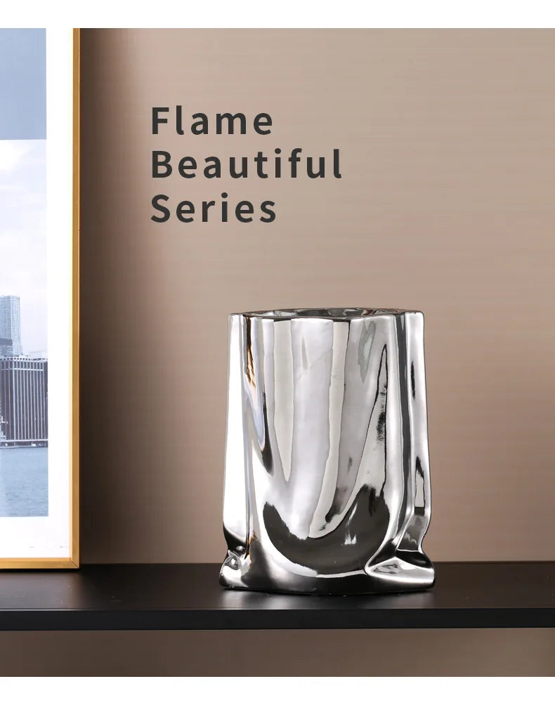 HomeFyZy SilverBloom Ceramic Vase™ - Silver Ruffled Flower Vase Ceramic Vase, Flower Arrangement Decoration