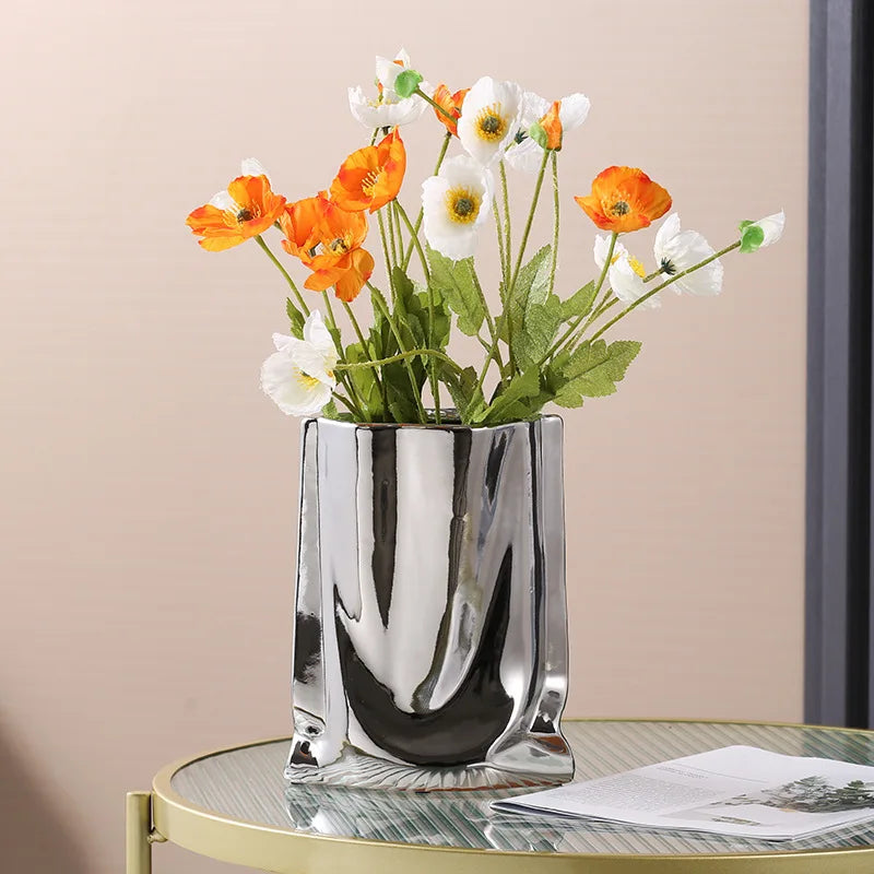 HomeFyZy SilverBloom Ceramic Vase™ - Silver Ruffled Flower Vase Ceramic Vase, Flower Arrangement Decoration