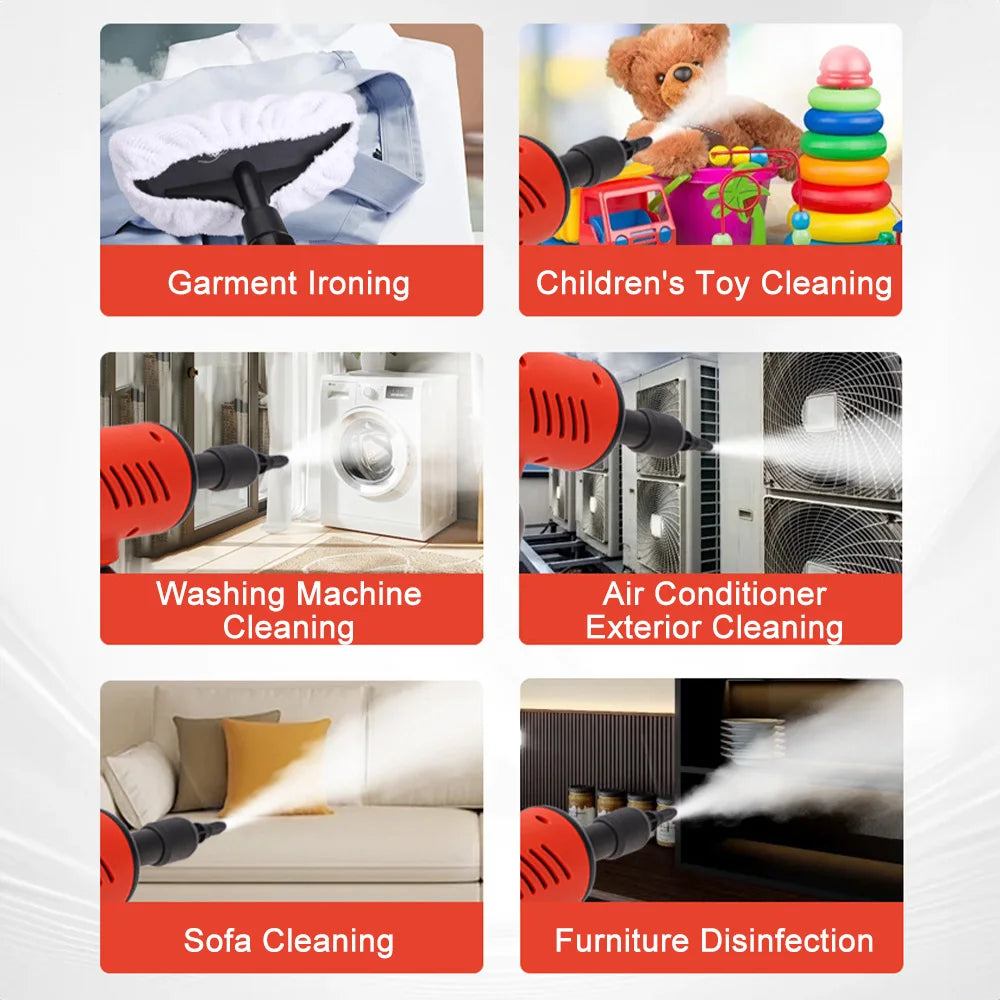 Collage of cleaning services including garment ironing, children's toy cleaning, washing machine cleaning, air conditioner exterior cleaning, sofa cleaning, and furniture disinfection.