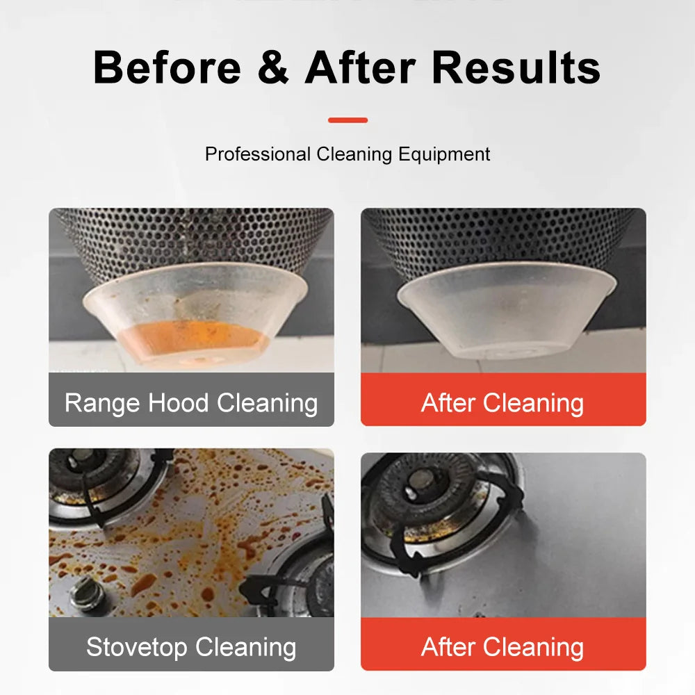 Before and after cleaning results of a range hood and stovetop using professional cleaning equipment.