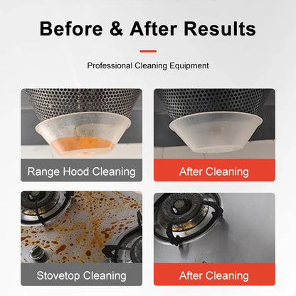 Before and after cleaning results of a range hood and stovetop using professional cleaning equipment.