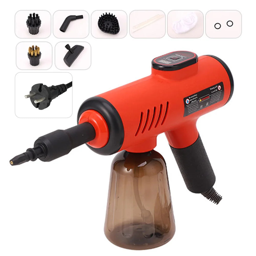 SteamPure Pro™ handheld steam cleaner removing grease from kitchen tiles with high-temperature steam.