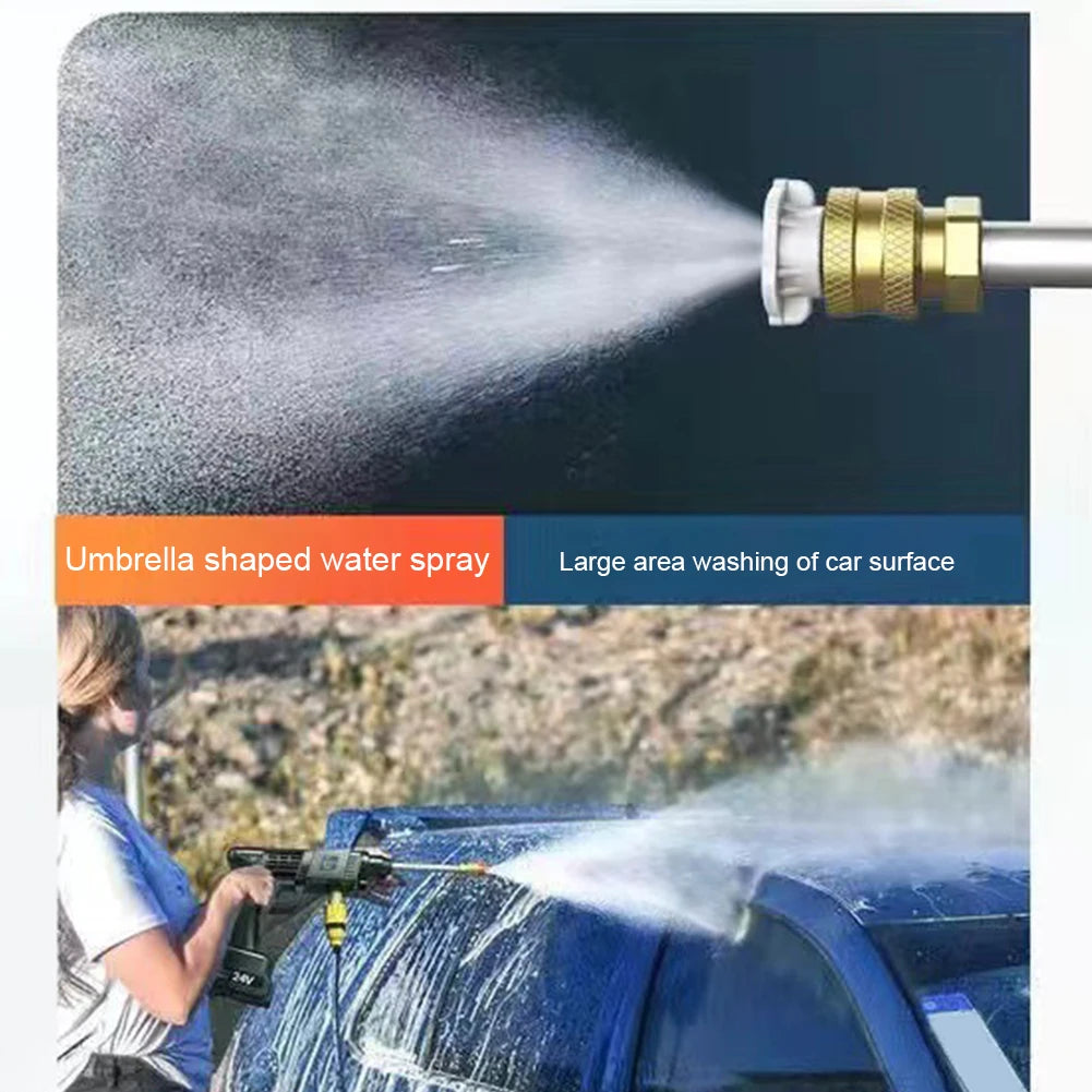 JetWash Max™ battery-powered pressure washer connected to bucket for car and patio cleaning.