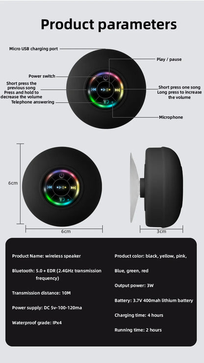 HomeFyZy GlowWave Bluetooth Speaker™ - Portable Waterproof Bluetooth Shower Speaker with Suction Cup and LED Lights 3D