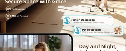 HomeFyZy 360View™ 2.4＆5G WiFi Indoor Camera, 2K, 360° PTZ Pet Dog IP CCTV Camera with Phone App, 2-Way Talk, Night Vision