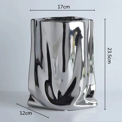 HomeFyZy SilverBloom Ceramic Vase™ - Silver Ruffled Flower Vase Ceramic Vase, Flower Arrangement Decoration