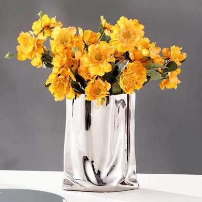 HomeFyZy SilverBloom Ceramic Vase™ - Silver Ruffled Flower Vase Ceramic Vase, Flower Arrangement Decoration
