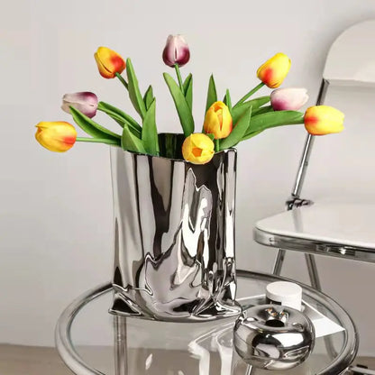HomeFyZy SilverBloom Ceramic Vase™ - Silver Ruffled Flower Vase Ceramic Vase, Flower Arrangement Decoration