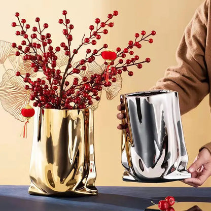 HomeFyZy SilverBloom Ceramic Vase™ - Silver Ruffled Flower Vase Ceramic Vase, Flower Arrangement Decoration