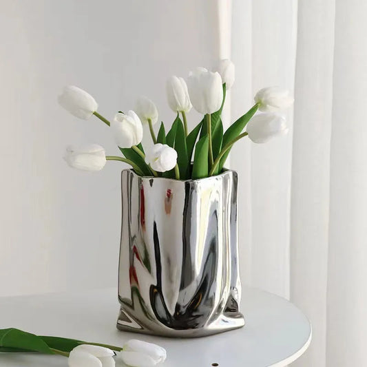HomeFyZy SilverBloom Ceramic Vase™ - Silver Ruffled Flower Vase Ceramic Vase, Flower Arrangement Decoration